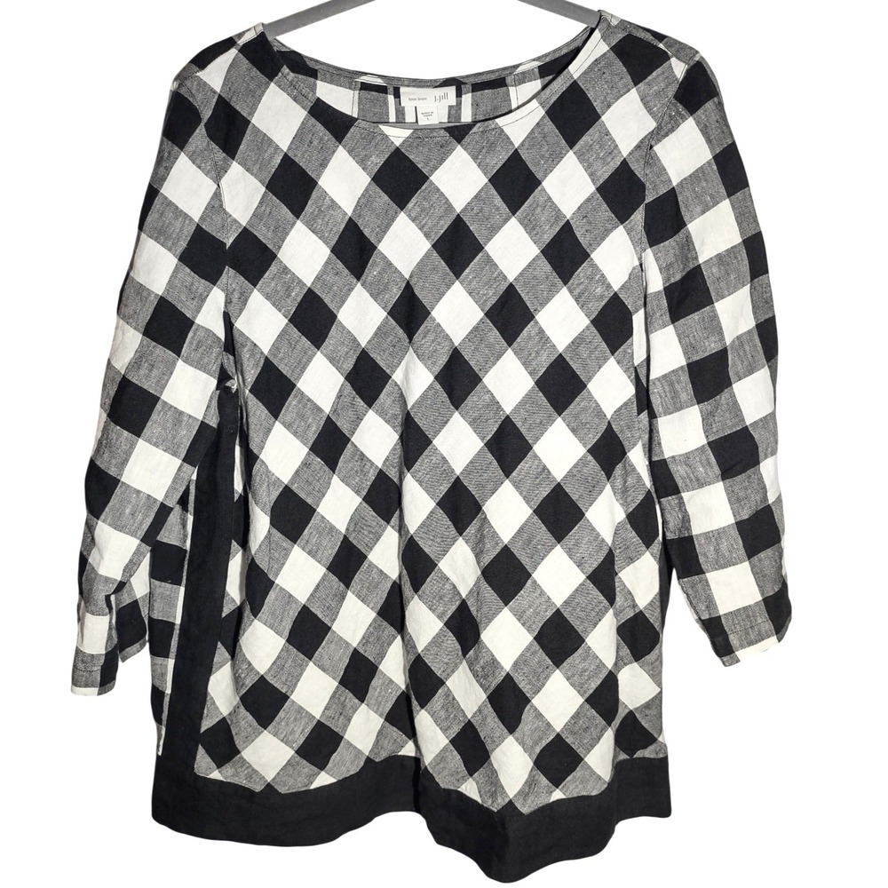 J Jill Womens Linen Blend Buffalo Plaid LS Tunic Top Size L Black White